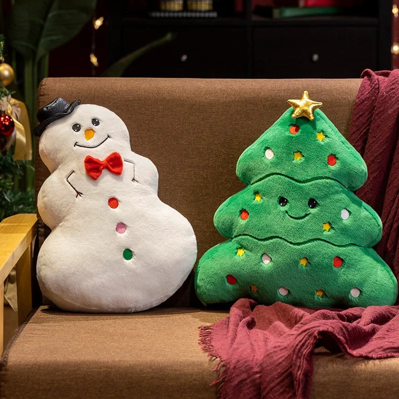 Christmas Plush Throw Pillow Set – 4 Styles: Snowman, Gingerbread Man, House & Tree | 35-38cm Holiday Décor Cushions with Polyester Fill
