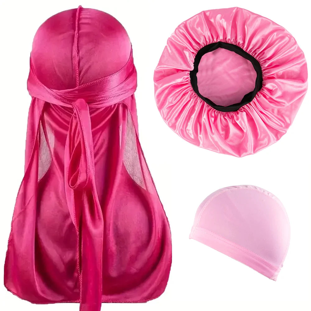 3-teiliges Set aus Durag, Bonnet & Dome-Cap – Einfarbige elastische Satin-Schlafmütze | Leichtes Haarschutz-Set für die Nacht