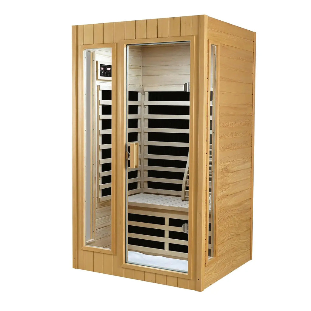 Sauna de infrarrojos lejanos para 2 personas – Ventana lateral de cristal, bajo EMF, 1500 W, madera de hemlock | Sauna interior personalizable para el hogar para dos | Sauna para parejas y compañeros